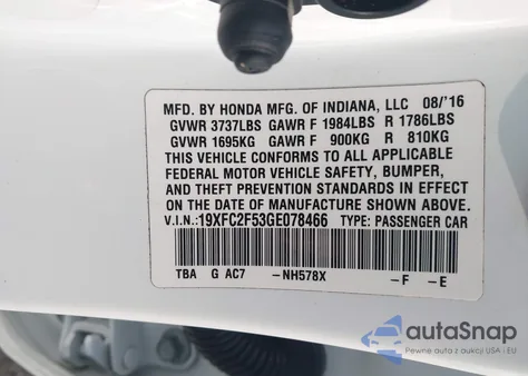 2016 Honda Civic Lx из США, поврежденный, VIN 19XFC2F53GE078466